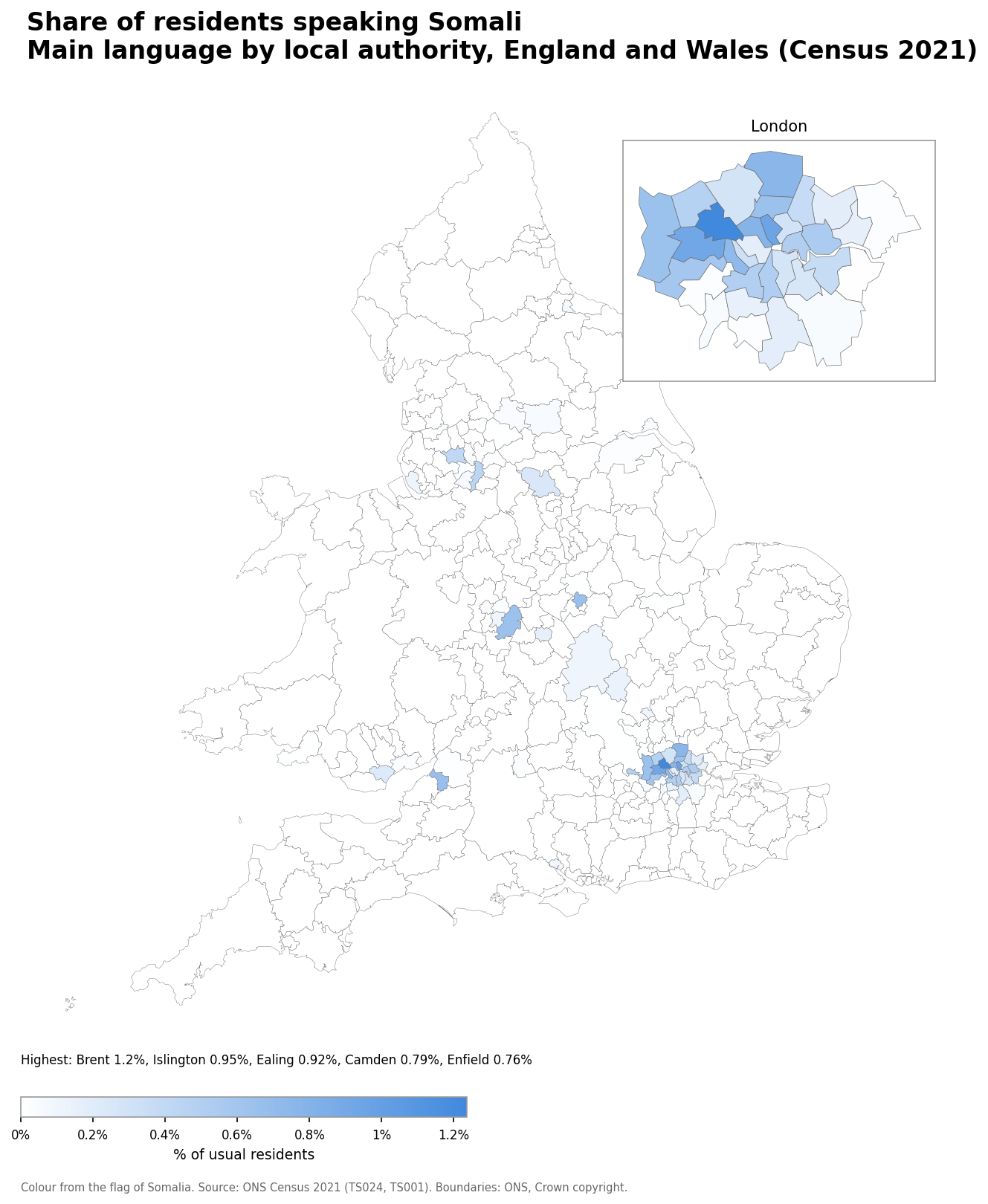 Map of the percentage of residents with Somali as their main language by local authority in England and Wales, Census 2021