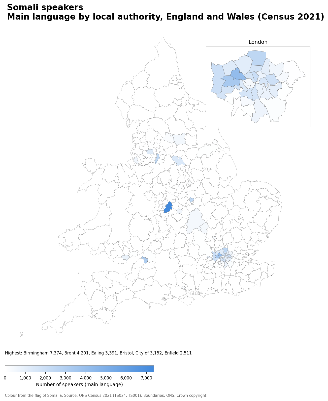 Map of the number of people with Somali as their main language by local authority in England and Wales, Census 2021