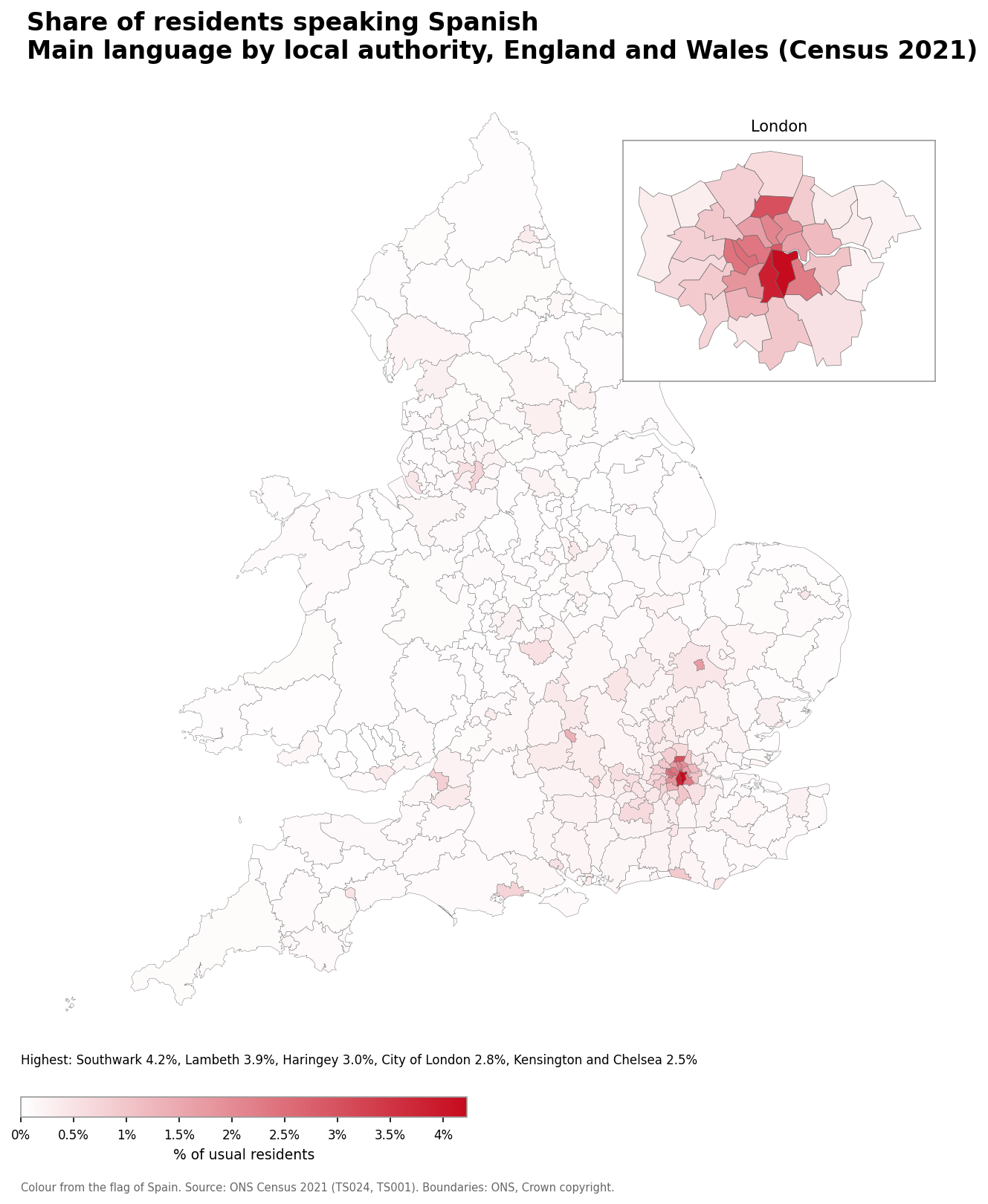 Map of the percentage of residents with Spanish as their main language by local authority in England and Wales, Census 2021