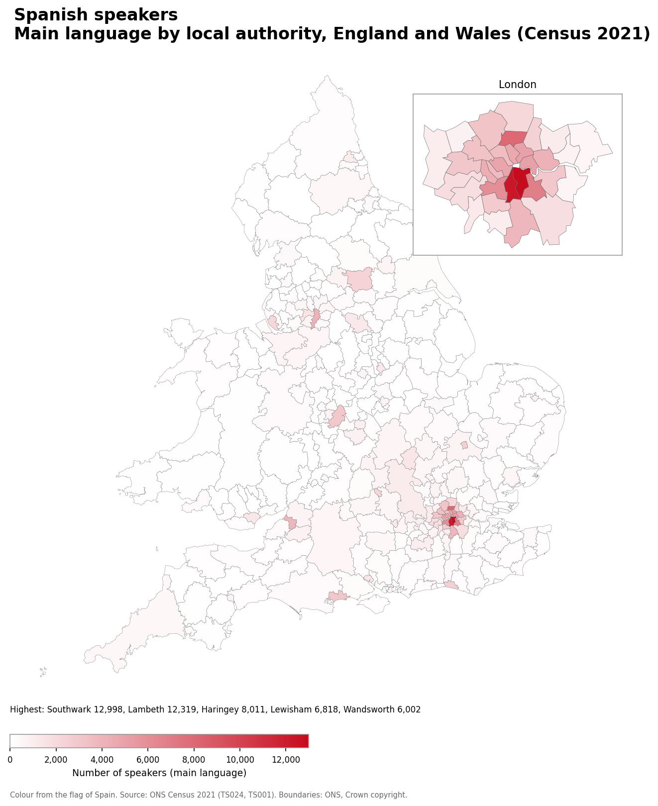Map of the number of people with Spanish as their main language by local authority in England and Wales, Census 2021