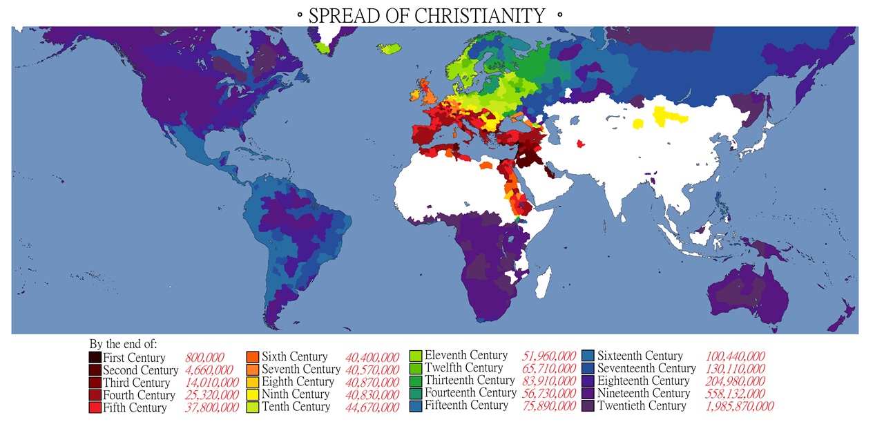 Map Showing the Spread of Christianity Between 33 & 2000AD