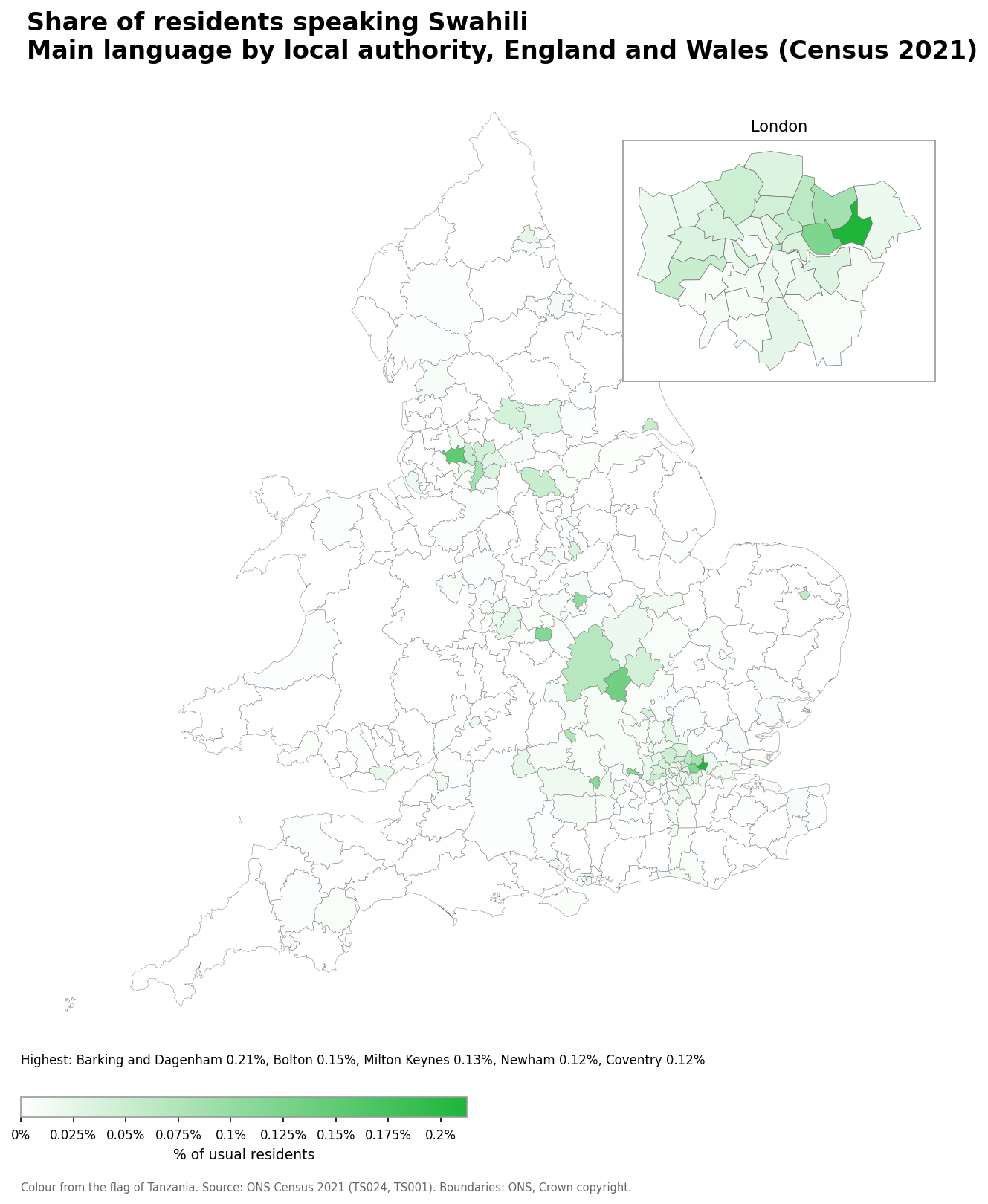 Map of the percentage of residents with Swahili as their main language by local authority in England and Wales, Census 2021