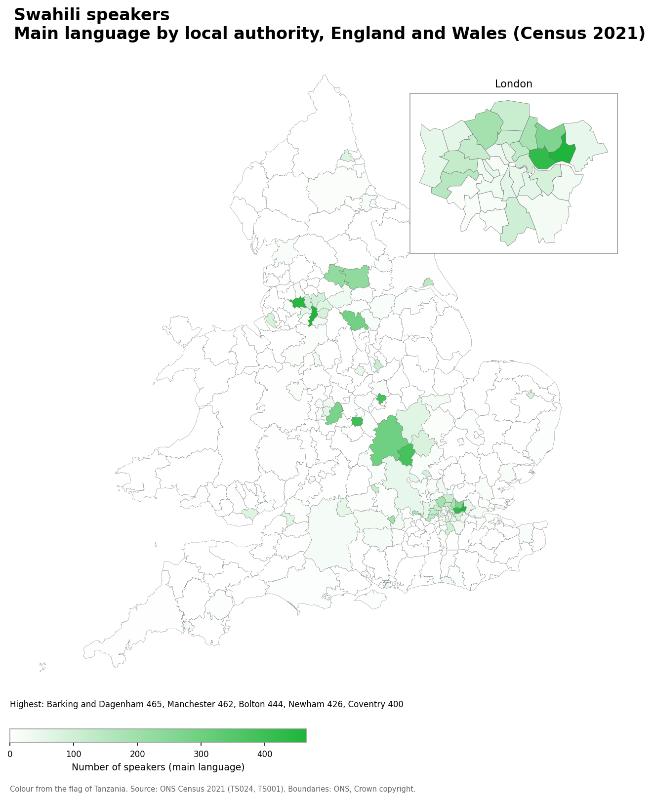 Map of the number of people with Swahili as their main language by local authority in England and Wales, Census 2021