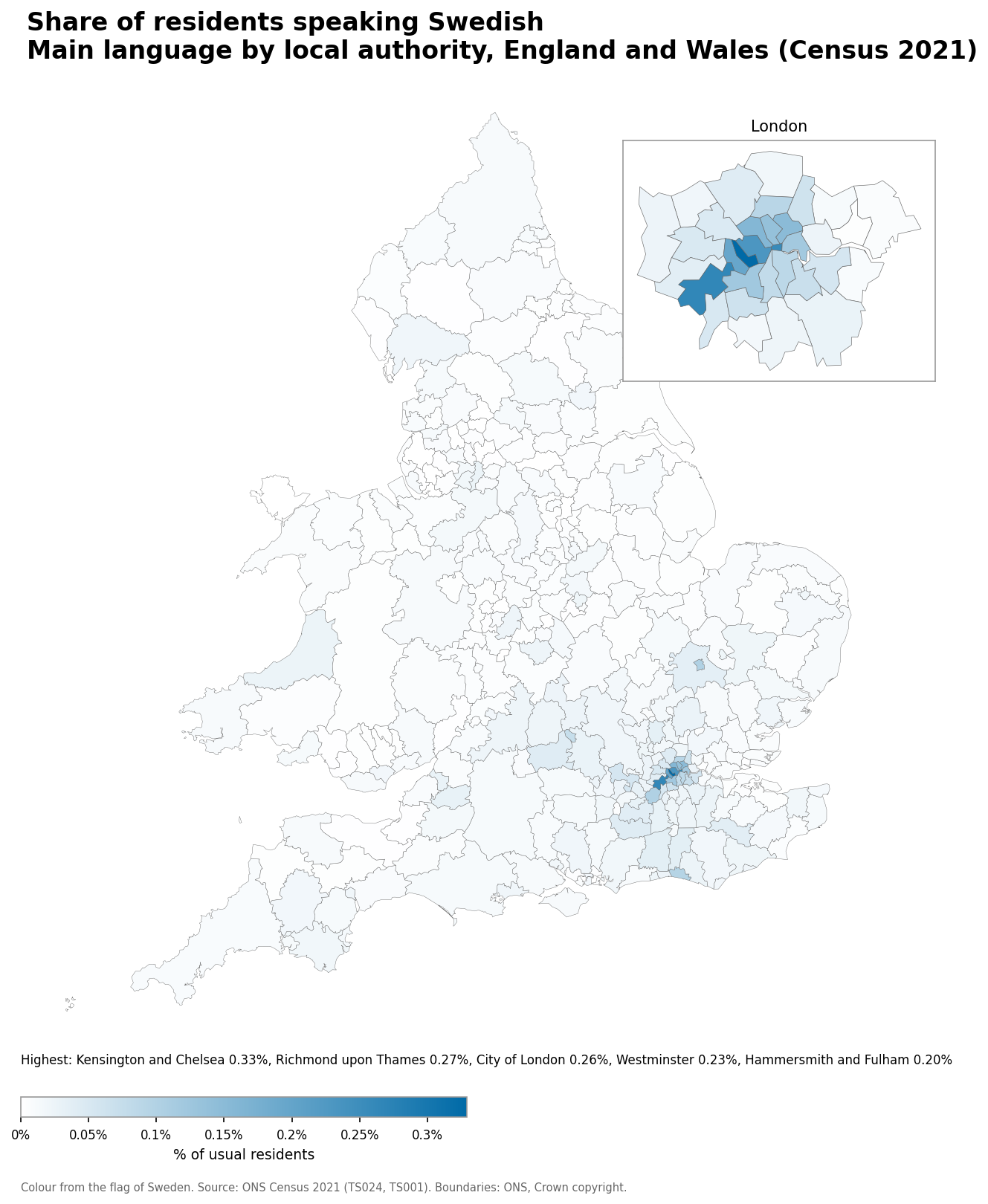Map of the percentage of residents with Swedish as their main language by local authority in England and Wales, Census 2021