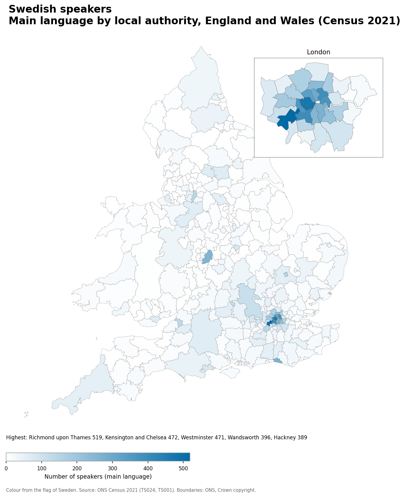 Map of the number of people with Swedish as their main language by local authority in England and Wales, Census 2021