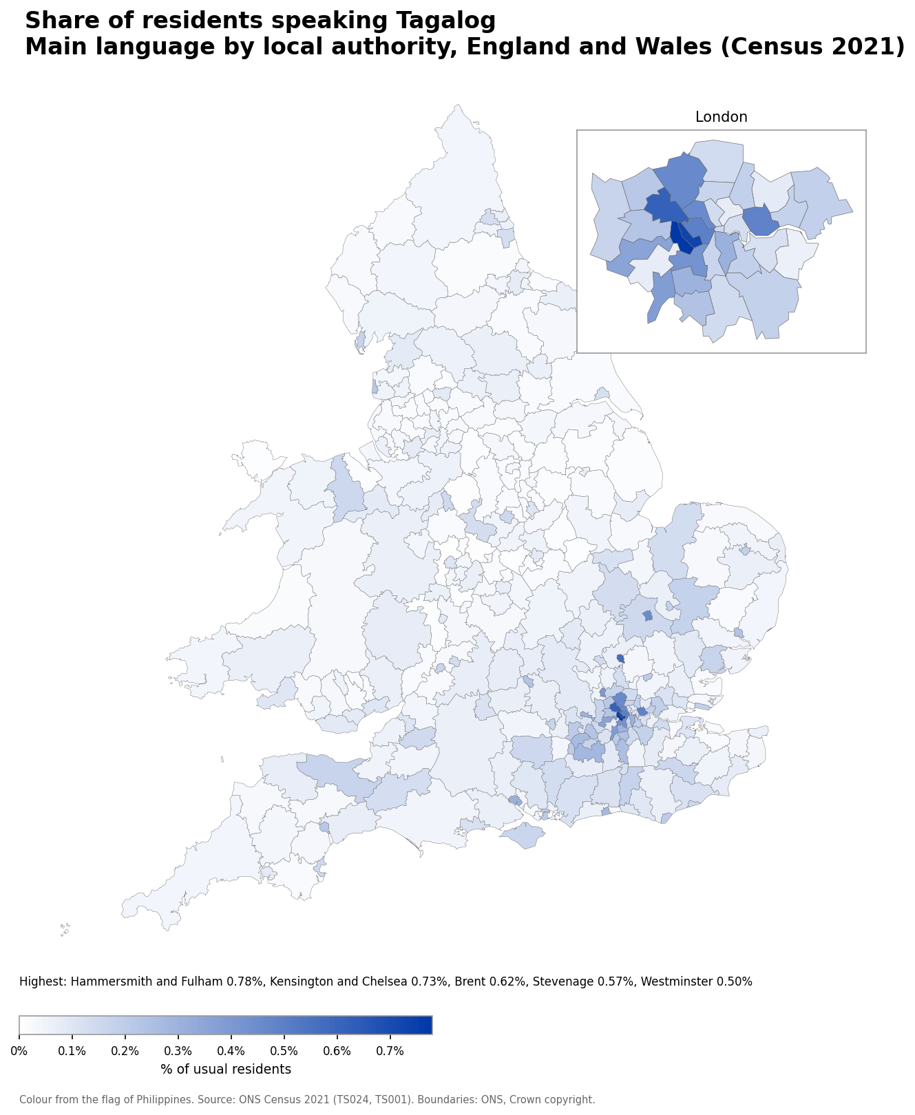 Map of the percentage of residents with Tagalog as their main language by local authority in England and Wales, Census 2021