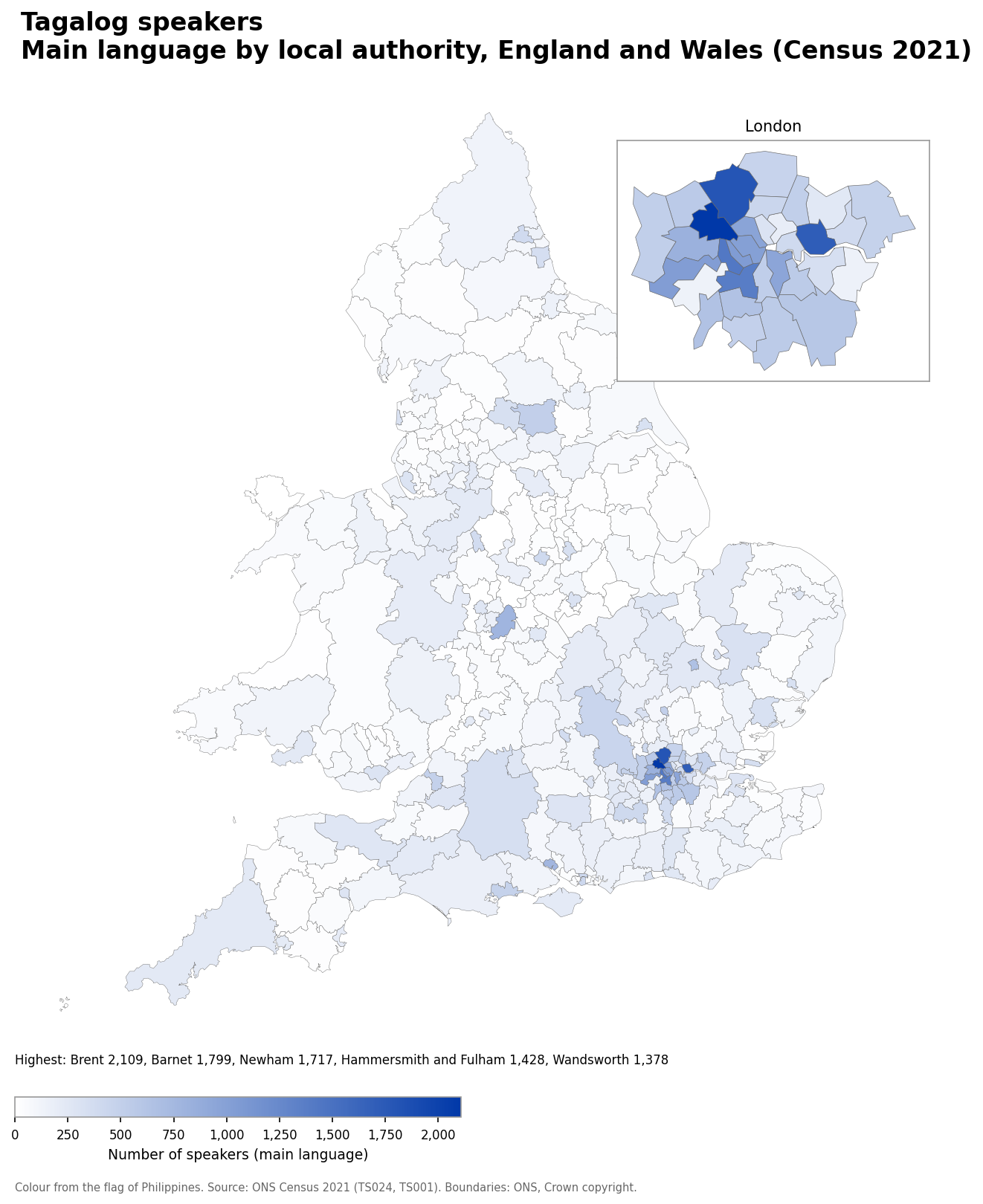 Map of the number of people with Tagalog as their main language by local authority in England and Wales, Census 2021