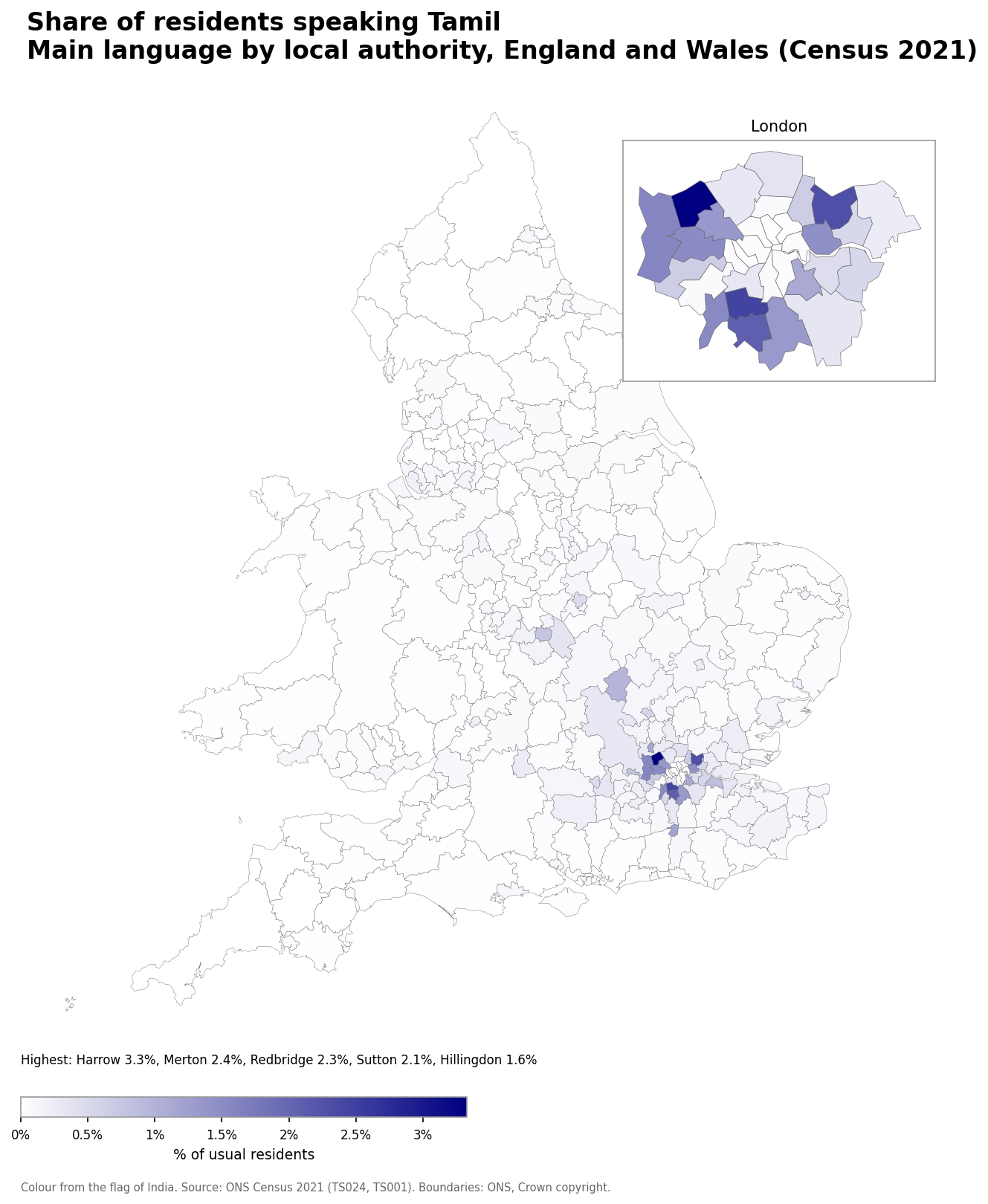 Map of the percentage of residents with Tamil as their main language by local authority in England and Wales, Census 2021