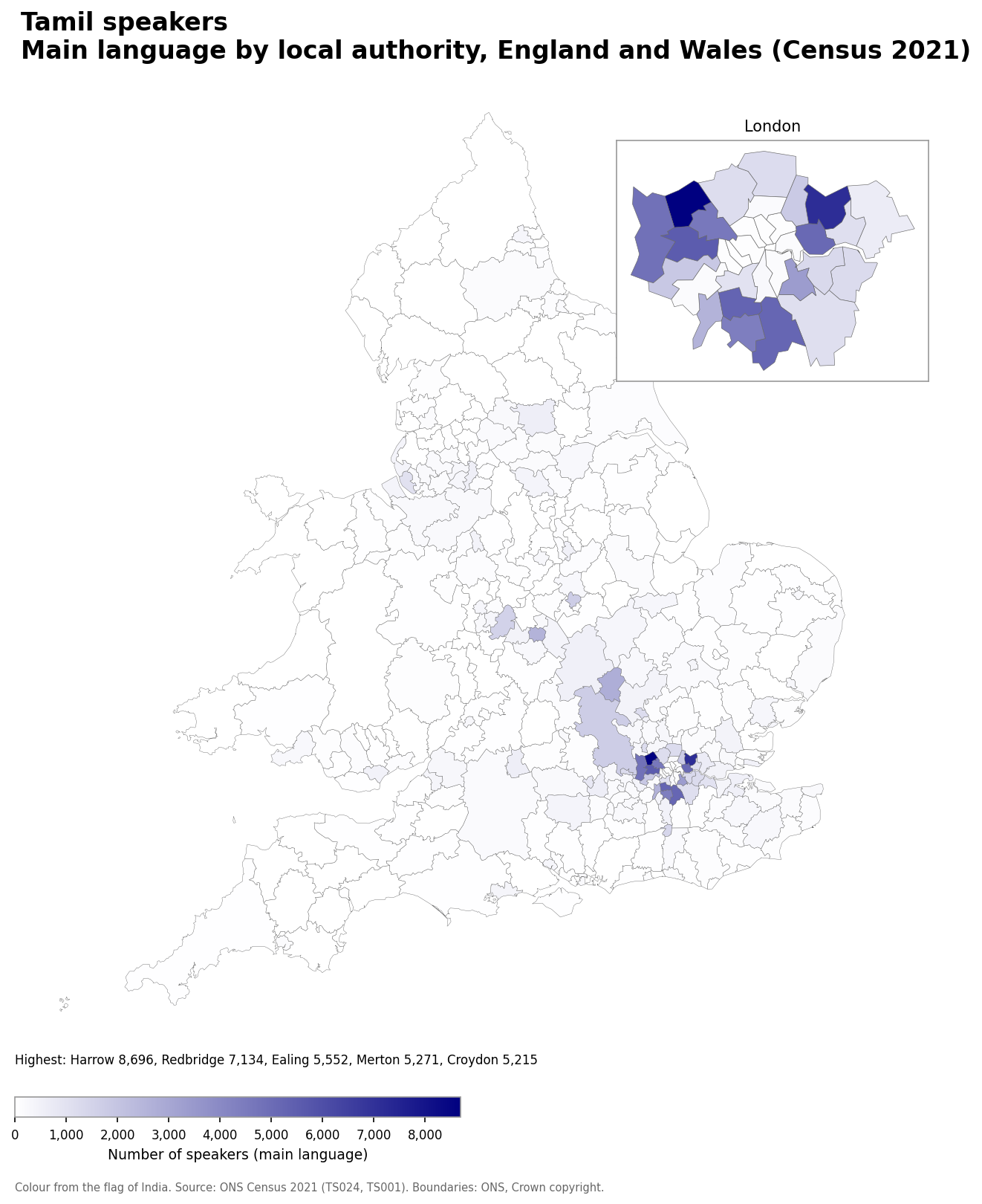 Map of the number of people with Tamil as their main language by local authority in England and Wales, Census 2021