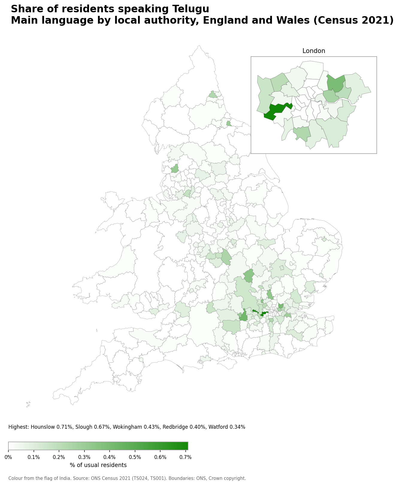 Map of the percentage of residents with Telugu as their main language by local authority in England and Wales, Census 2021