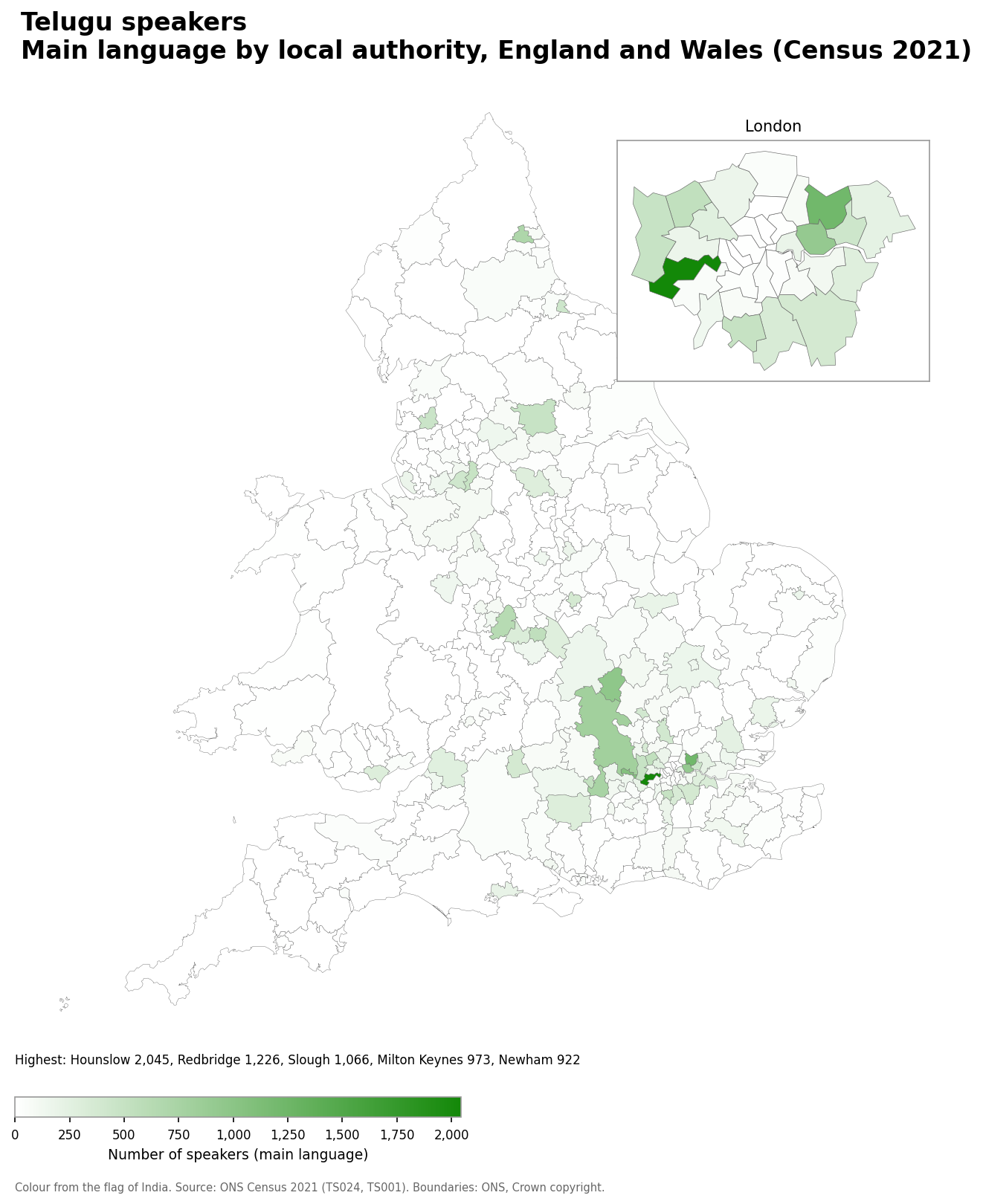 Map of the number of people with Telugu as their main language by local authority in England and Wales, Census 2021