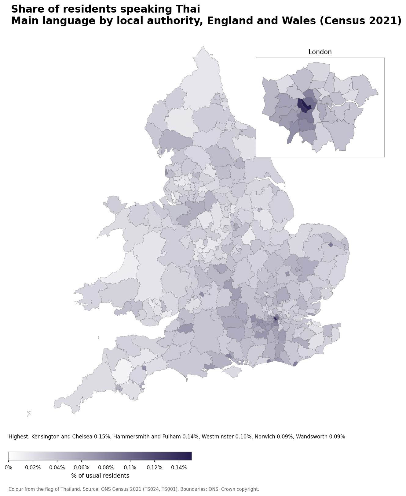 Map of the percentage of residents with Thai as their main language by local authority in England and Wales, Census 2021