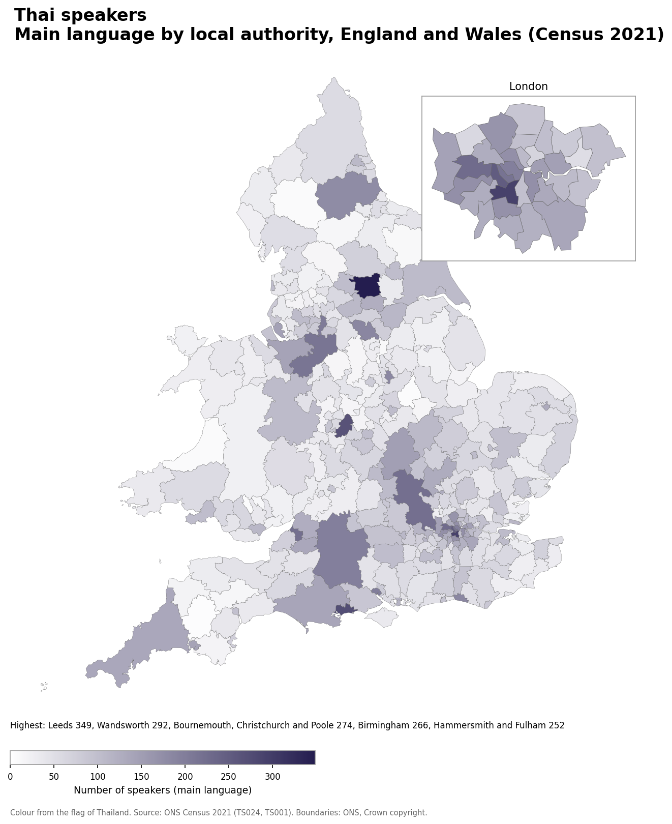 Map of the number of people with Thai as their main language by local authority in England and Wales, Census 2021