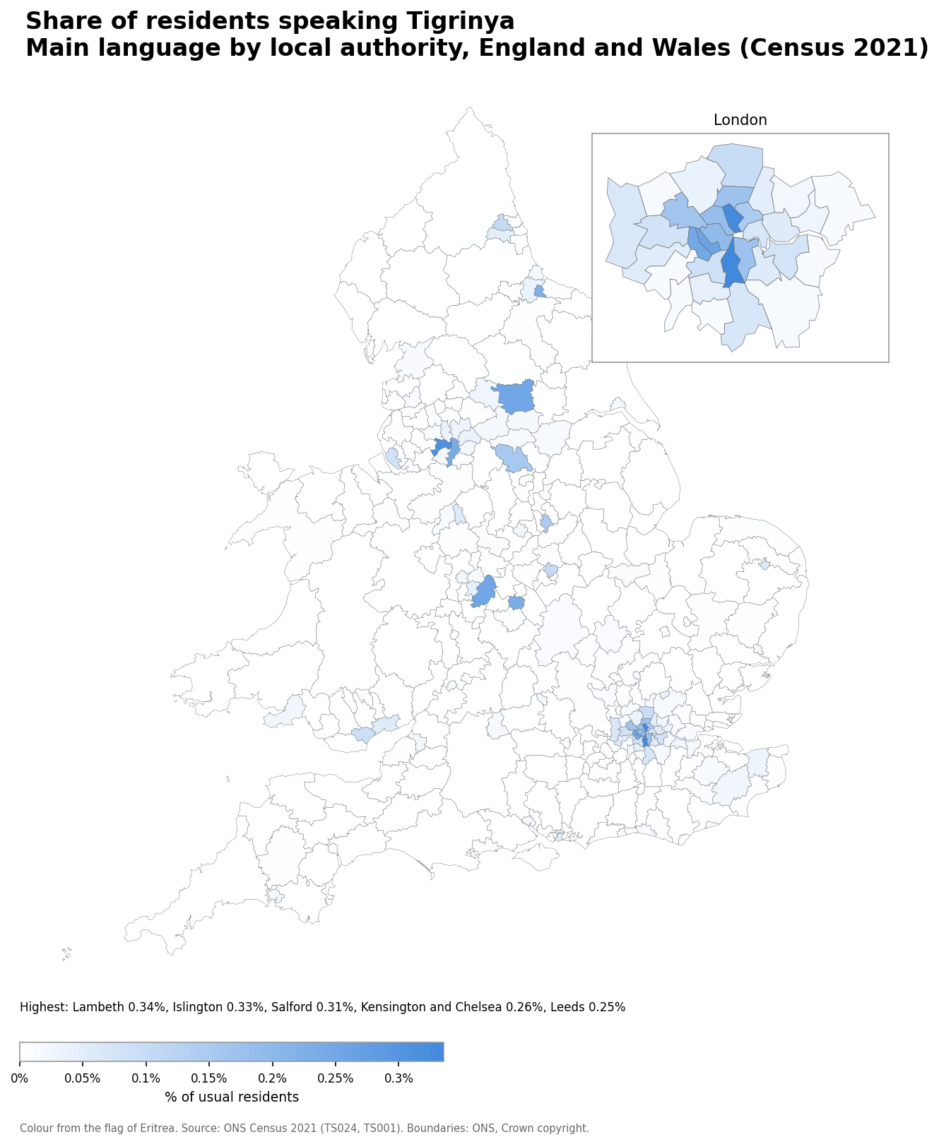 Map of the percentage of residents with Tigrinya as their main language by local authority in England and Wales, Census 2021