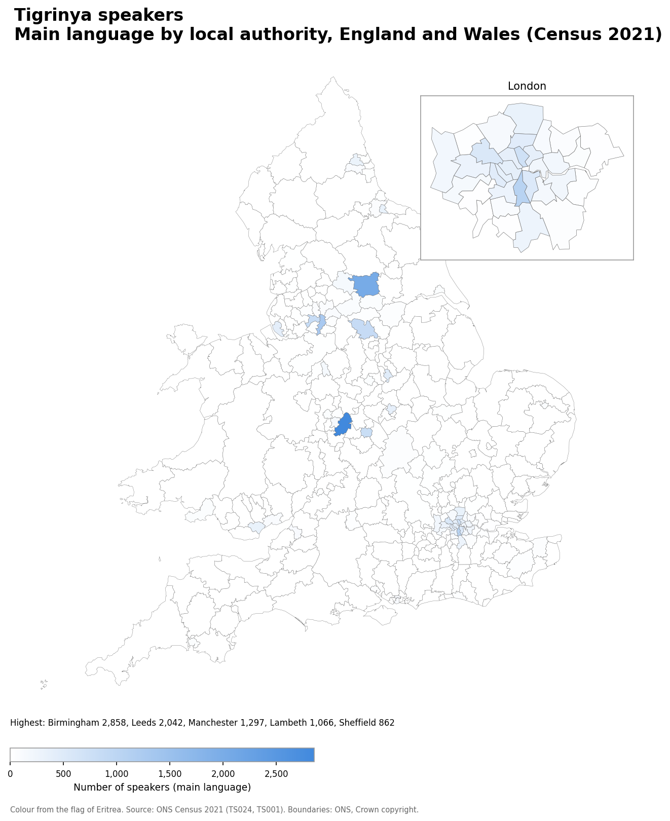 Map of the number of people with Tigrinya as their main language by local authority in England and Wales, Census 2021