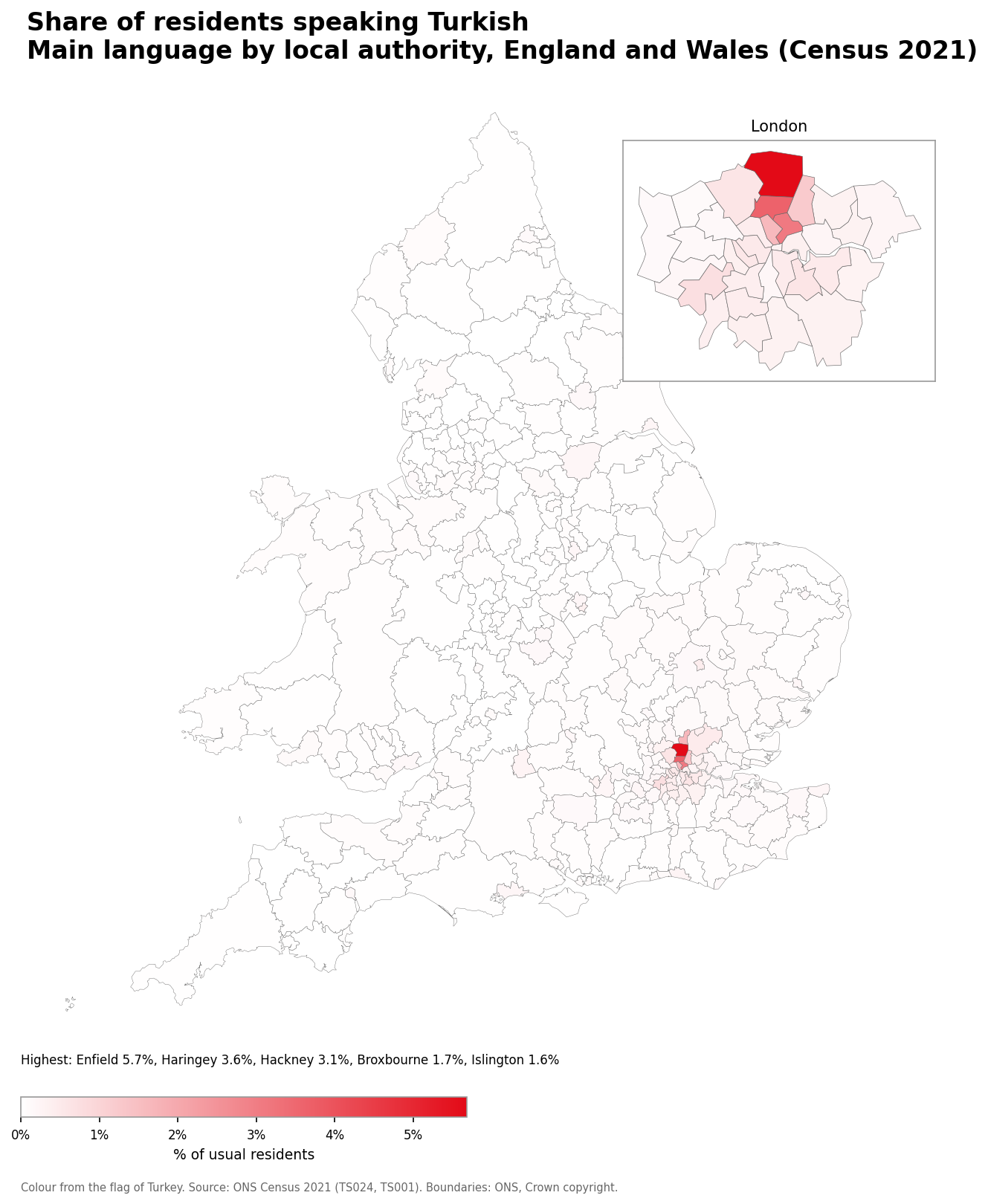 Map of the percentage of residents with Turkish as their main language by local authority in England and Wales, Census 2021