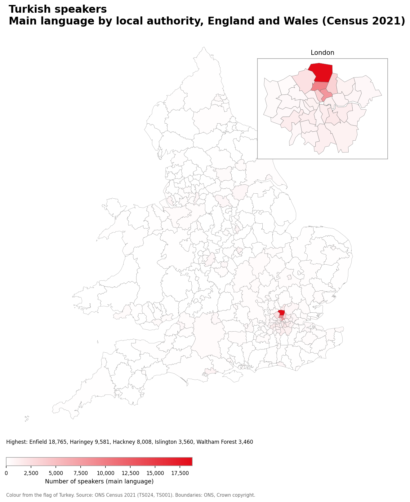 Map of the number of people with Turkish as their main language by local authority in England and Wales, Census 2021