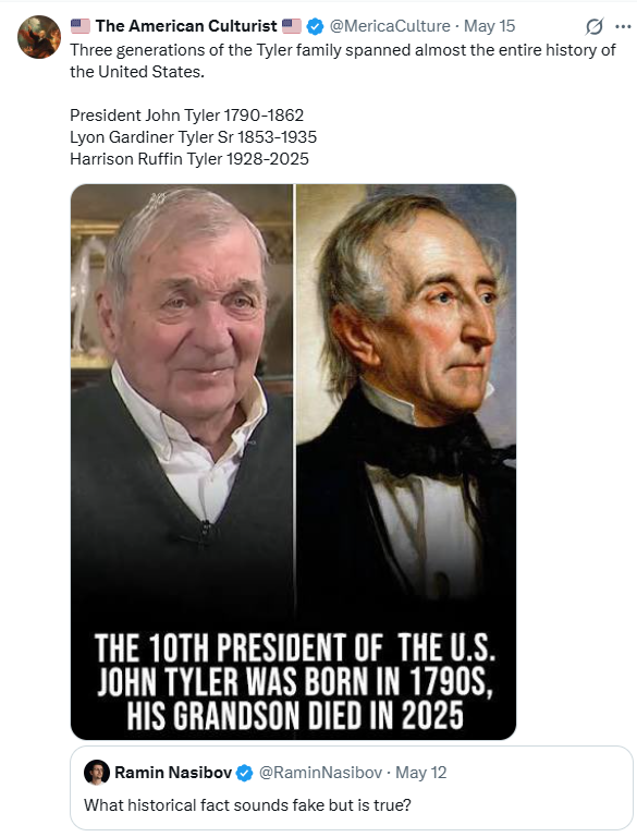 Three generations of the Tyler family spanned almost the entire history of the United States.