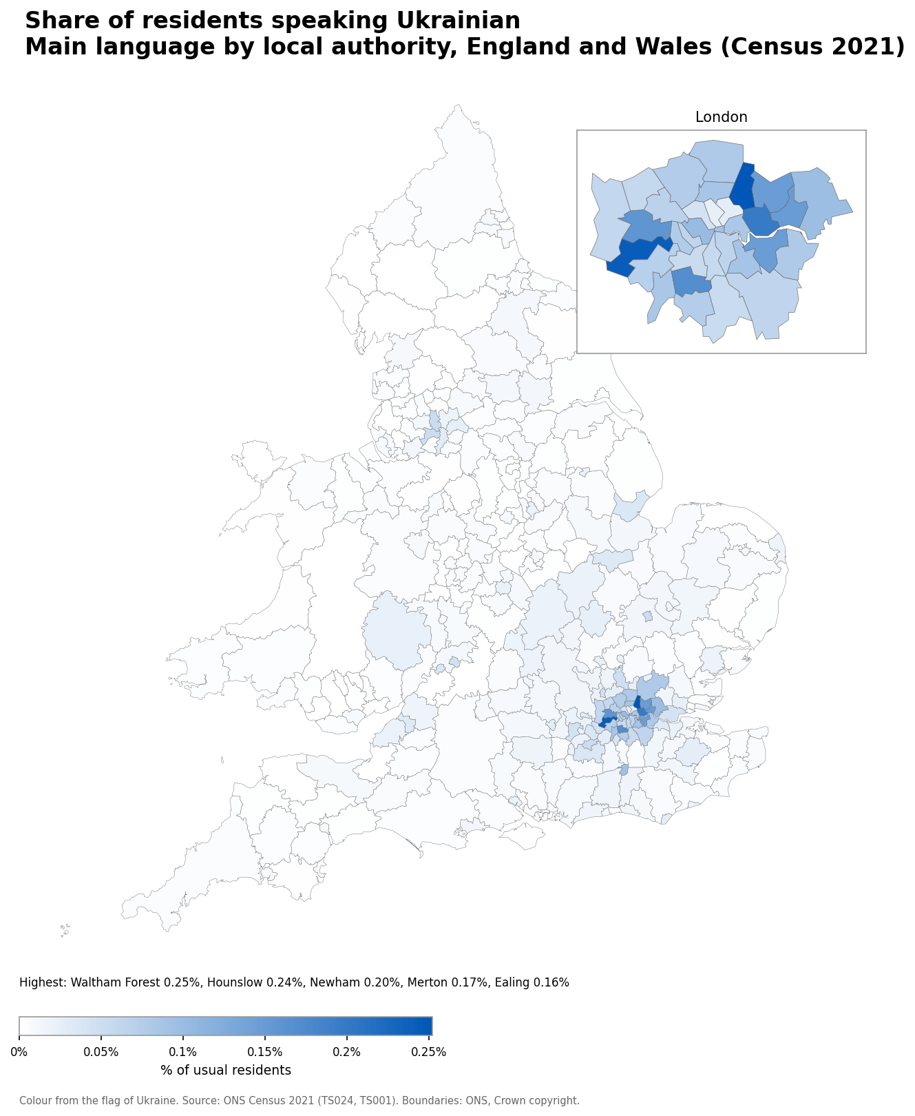 Map of the percentage of residents with Ukrainian as their main language by local authority in England and Wales, Census 2021