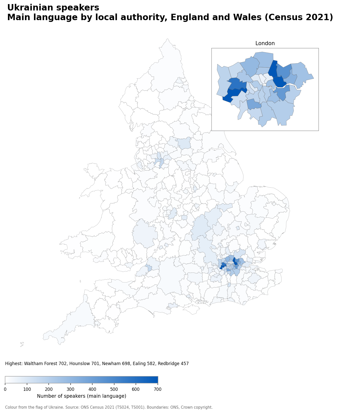 Map of the number of people with Ukrainian as their main language by local authority in England and Wales, Census 2021