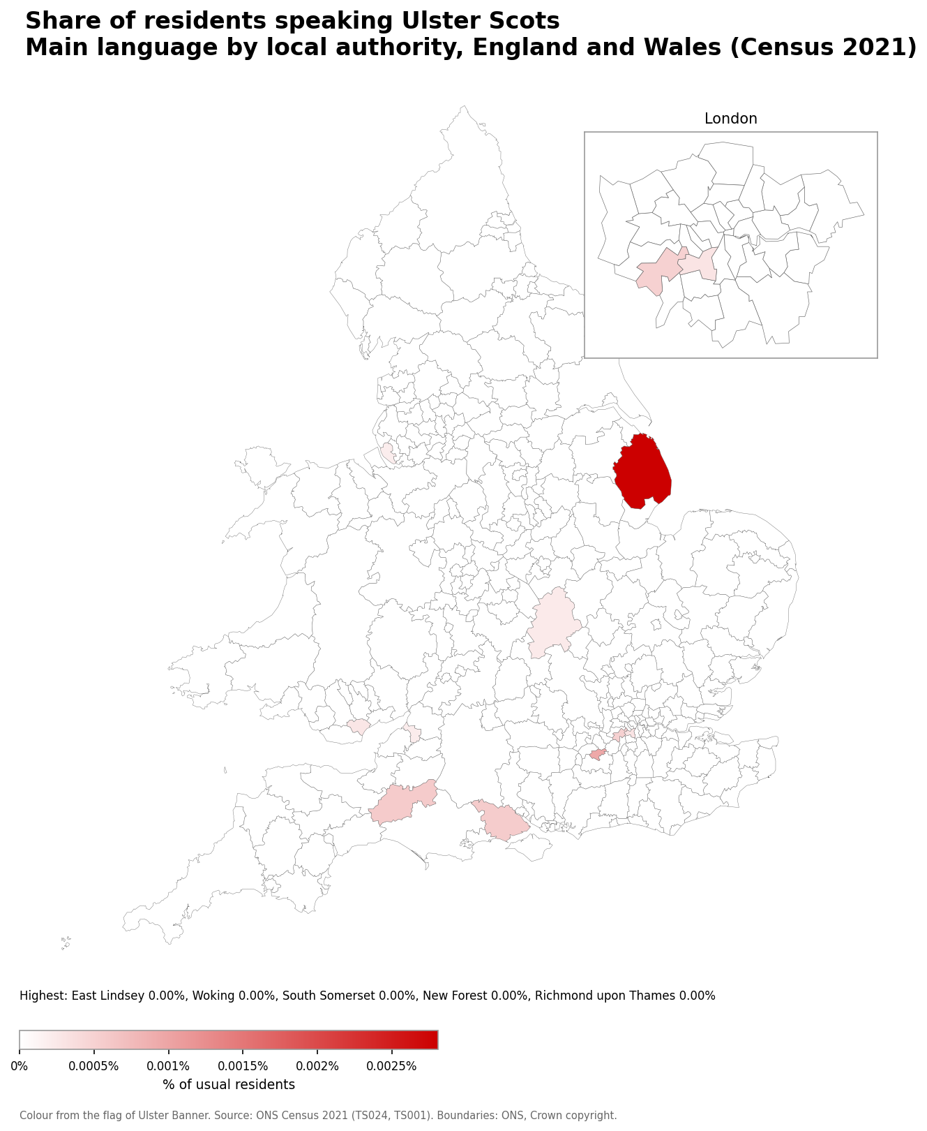 Map of the percentage of residents with Ulster Scots as their main language by local authority in England and Wales, Census 2021
