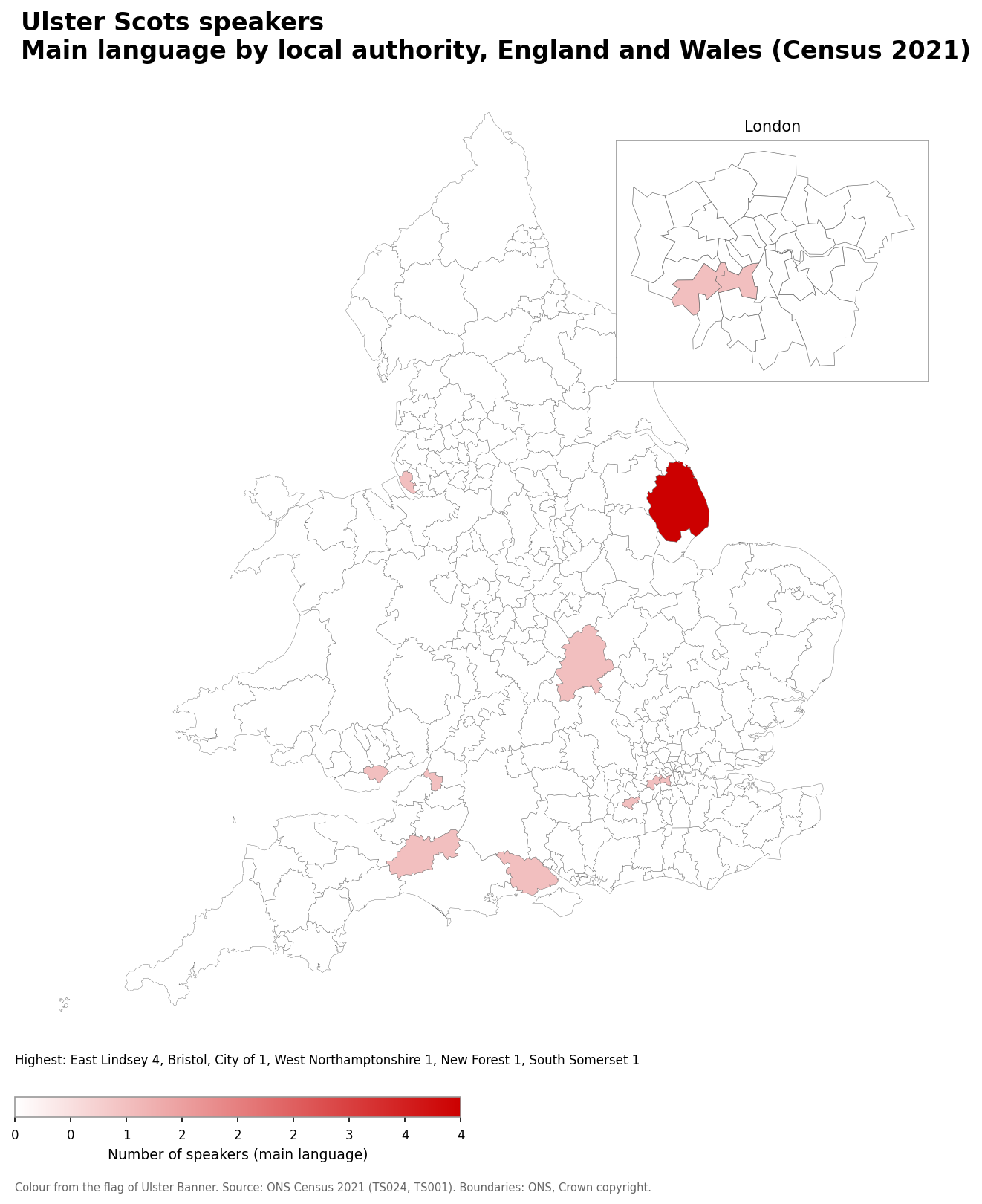 Map of the number of people with Ulster Scots as their main language by local authority in England and Wales, Census 2021