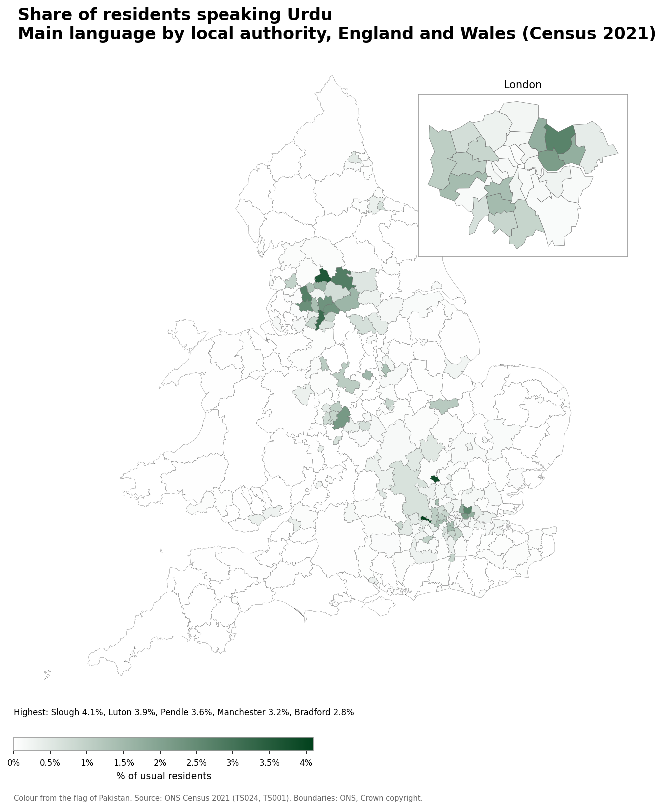 Map of the percentage of residents with Urdu as their main language by local authority in England and Wales, Census 2021