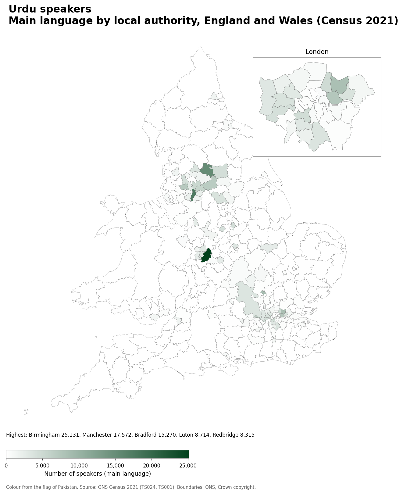 Map of the number of people with Urdu as their main language by local authority in England and Wales, Census 2021
