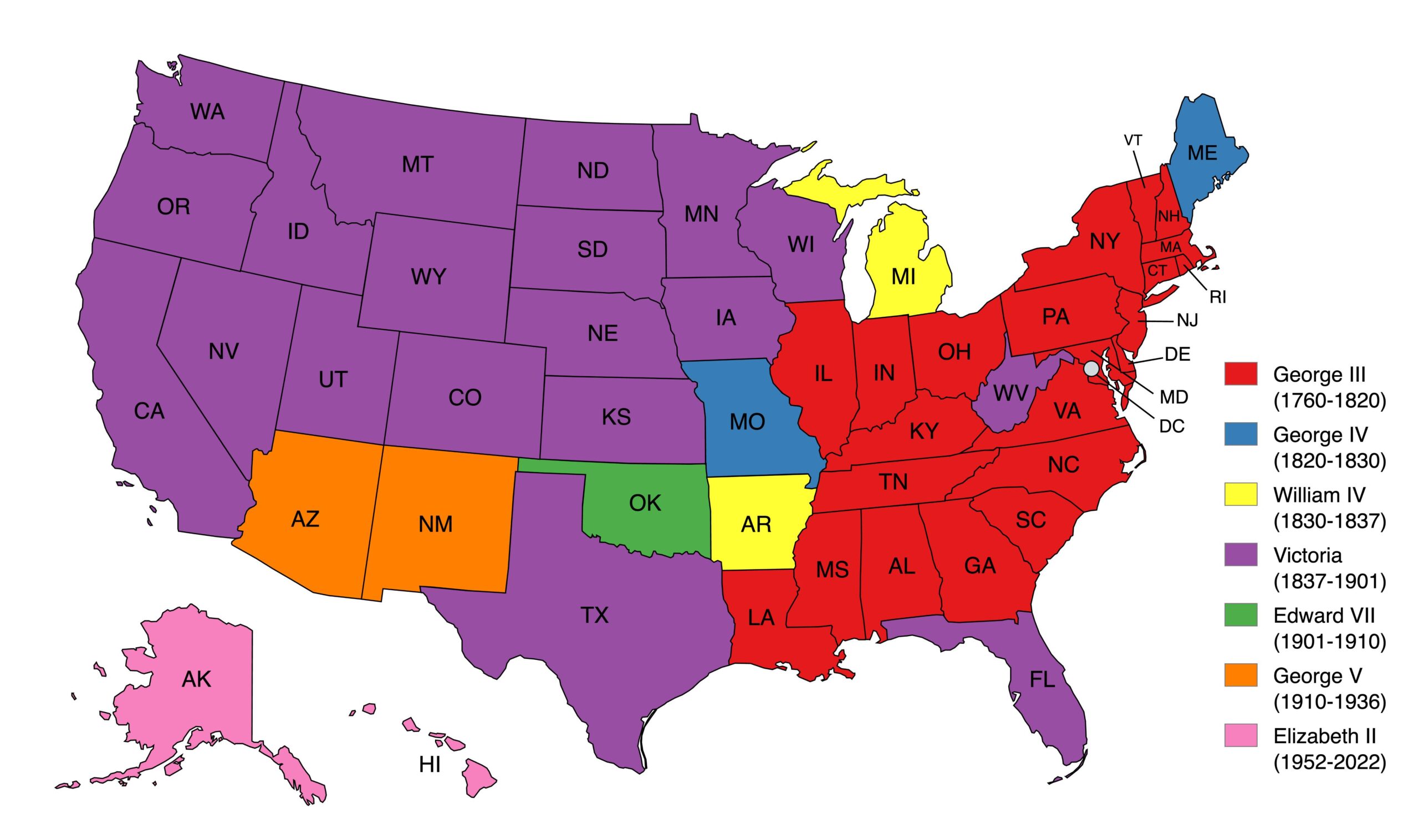The reigning British monarch when each state became a state