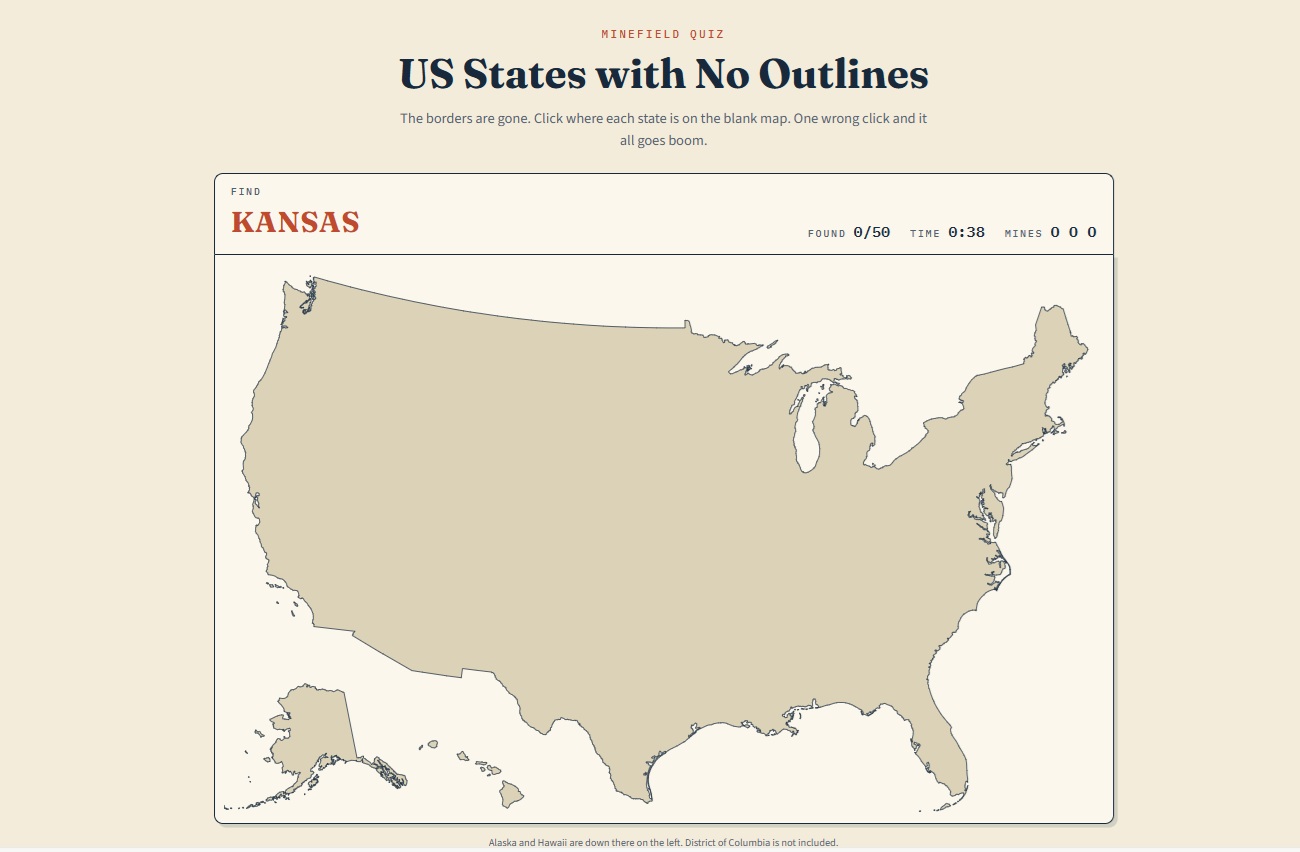 Brilliant Maps - US States With No Outlines Minefield Game