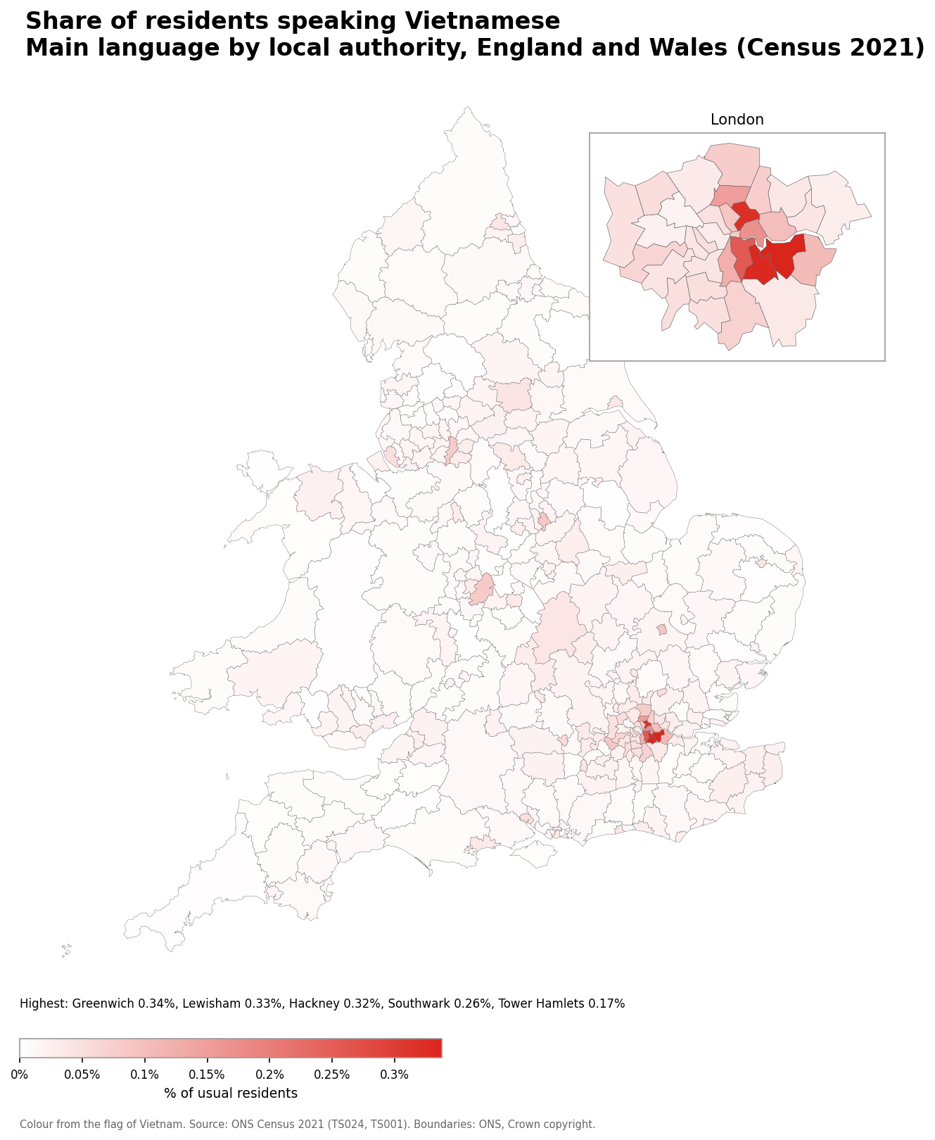 Map of the percentage of residents with Vietnamese as their main language by local authority in England and Wales, Census 2021