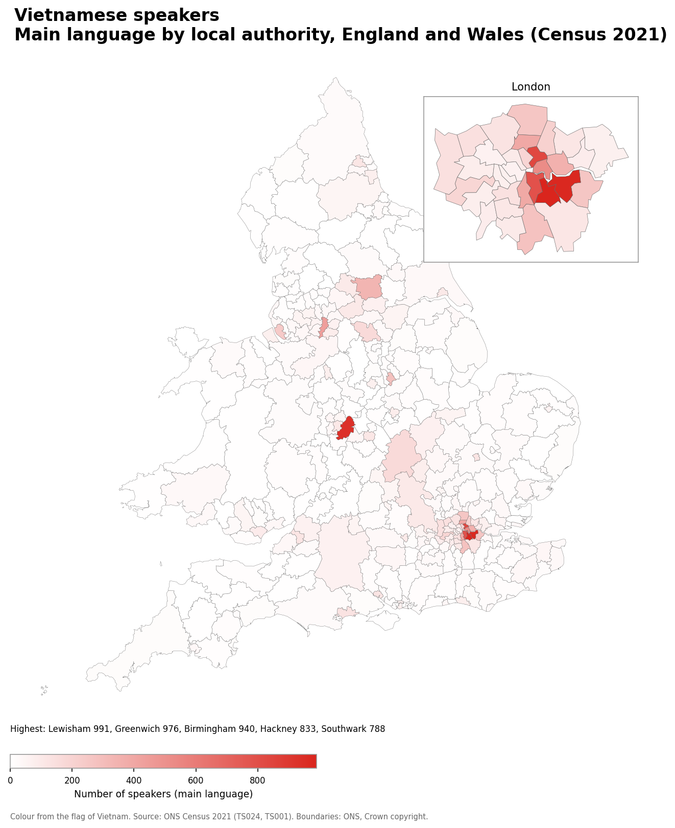Map of the number of people with Vietnamese as their main language by local authority in England and Wales, Census 2021