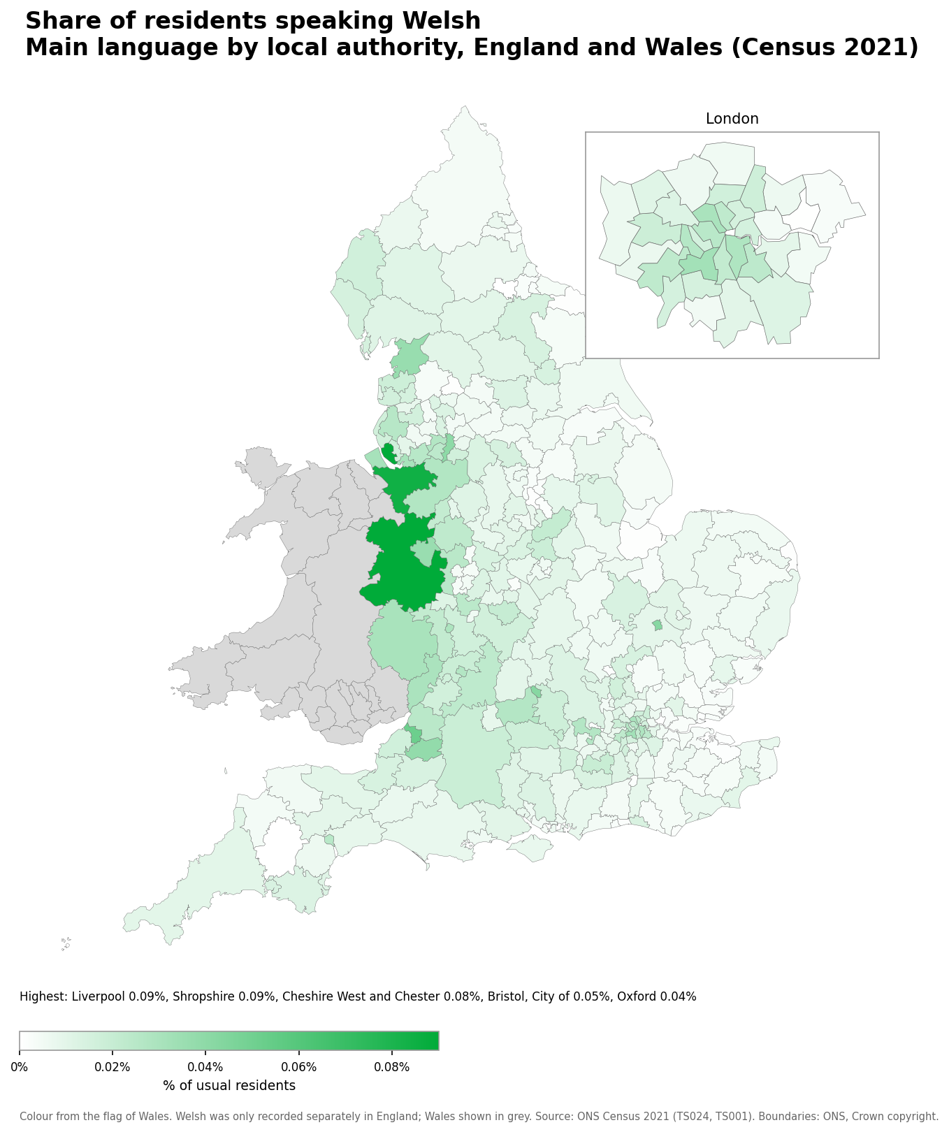 Map of the percentage of residents with Welsh as their main language by local authority in England and Wales, Census 2021