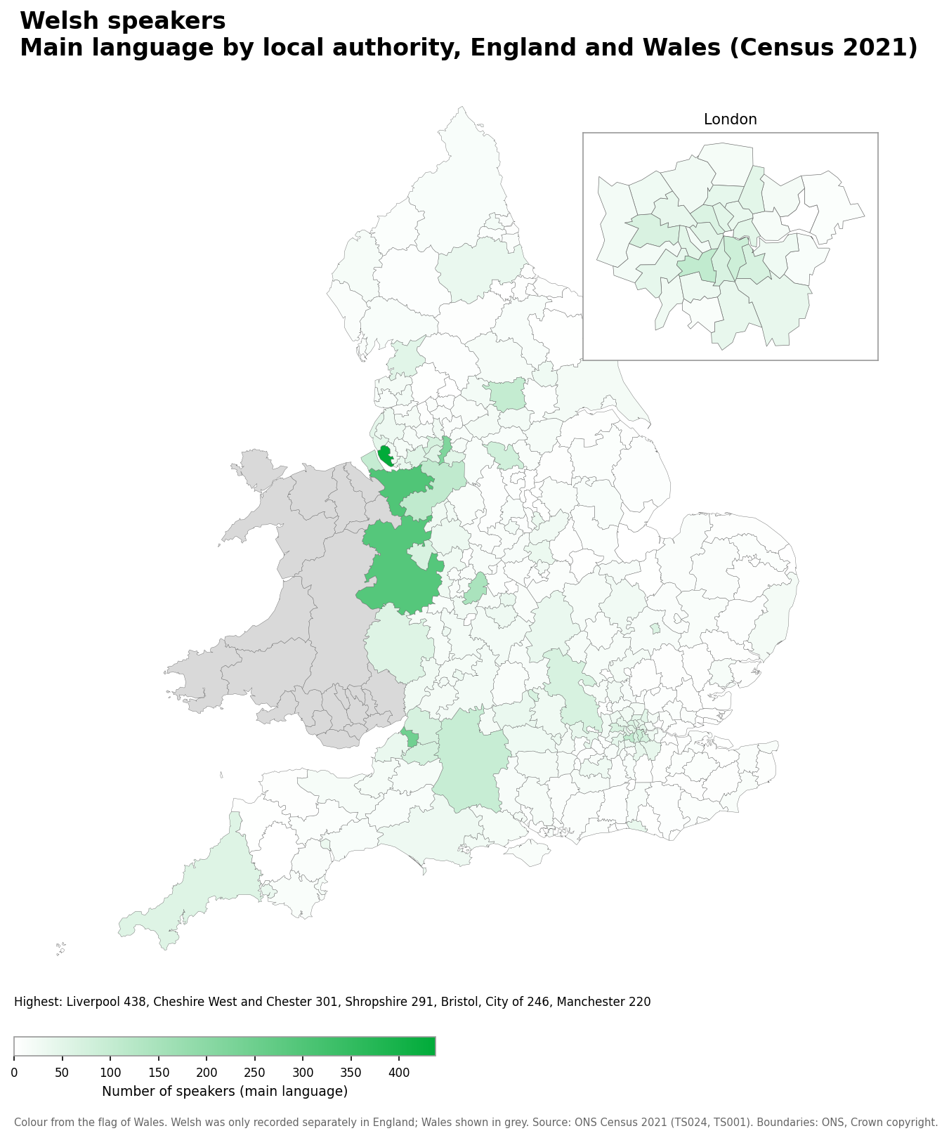Map of the number of people with Welsh as their main language by local authority in England and Wales, Census 2021