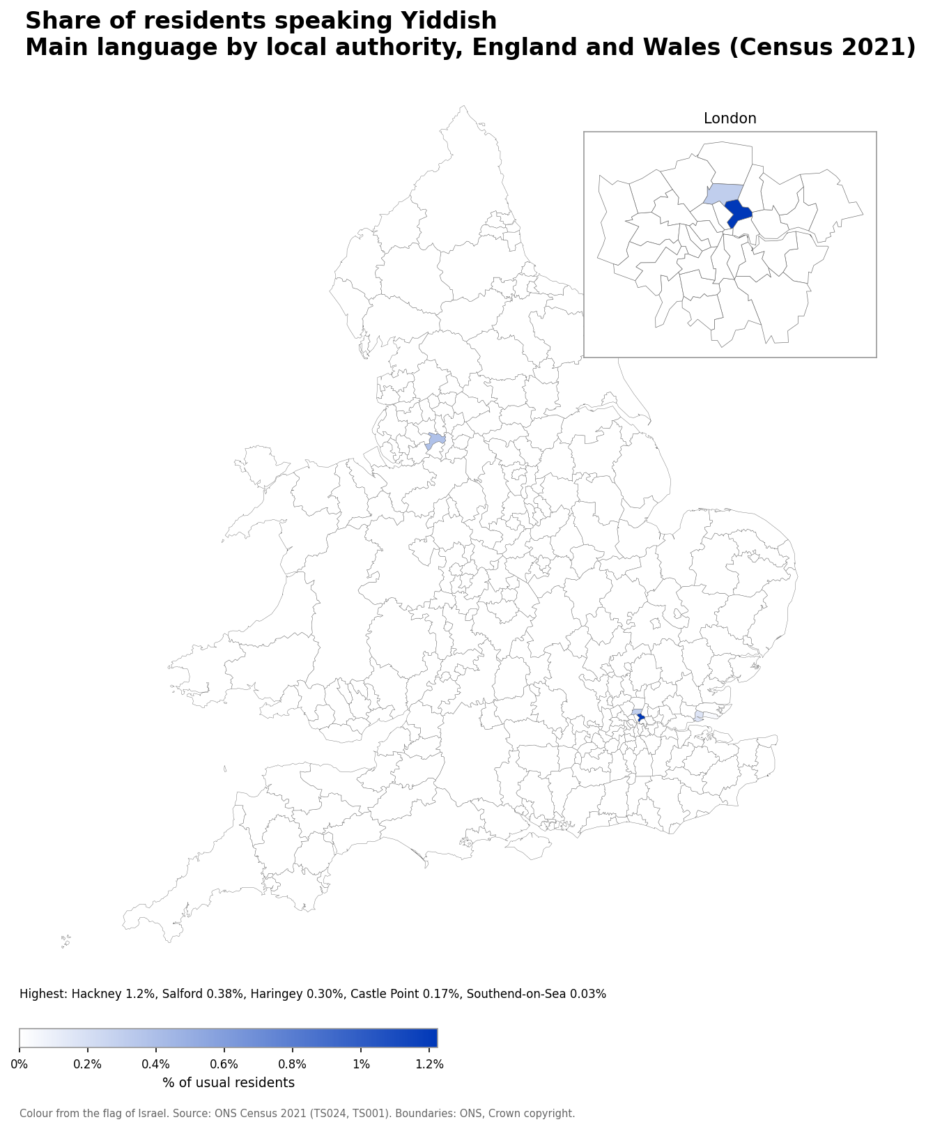 Map of the percentage of residents with Yiddish as their main language by local authority in England and Wales, Census 2021