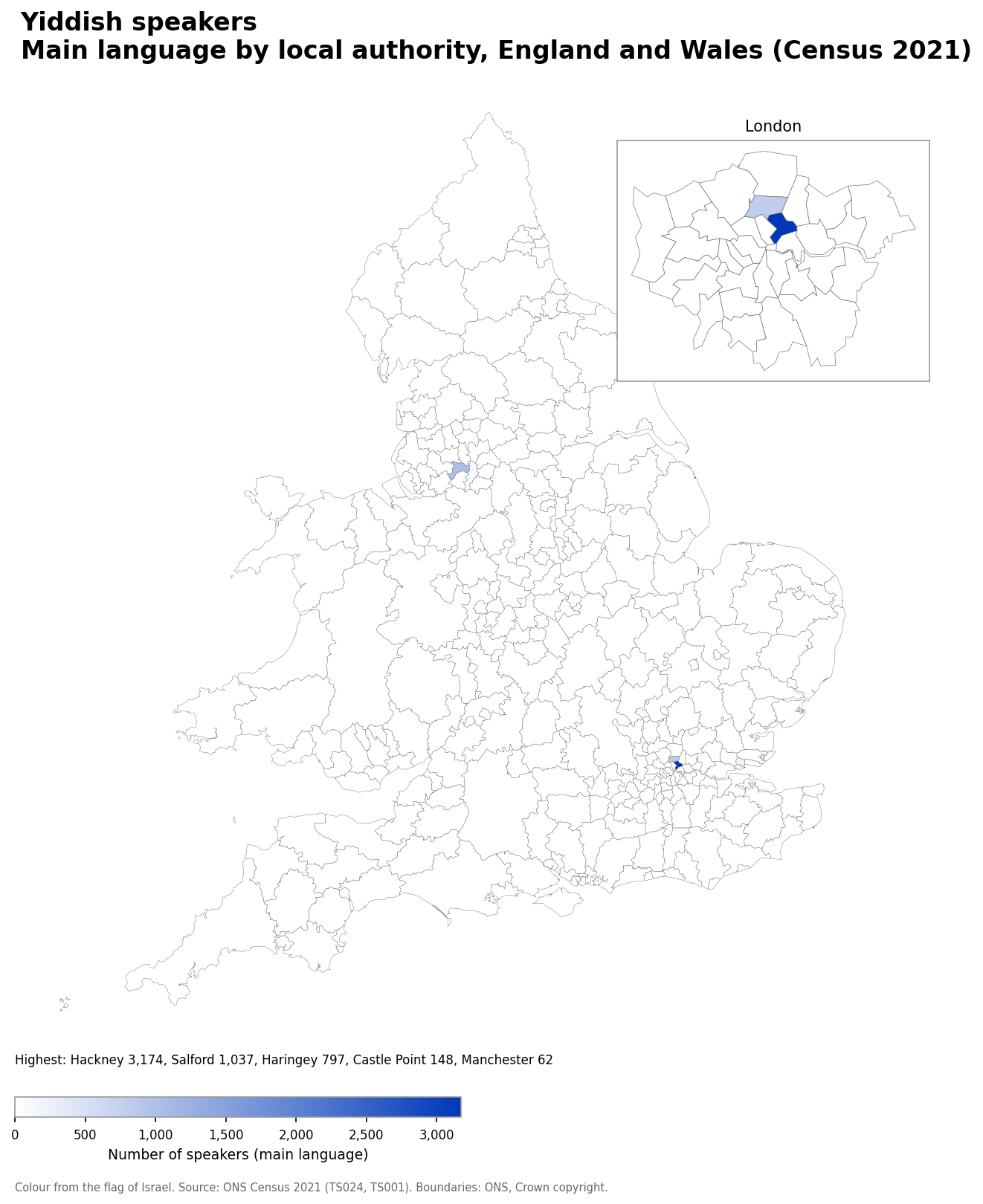 Map of the number of people with Yiddish as their main language by local authority in England and Wales, Census 2021