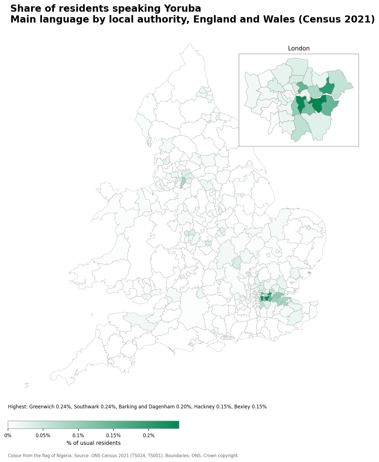 Map of the percentage of residents with Yoruba as their main language by local authority in England and Wales, Census 2021