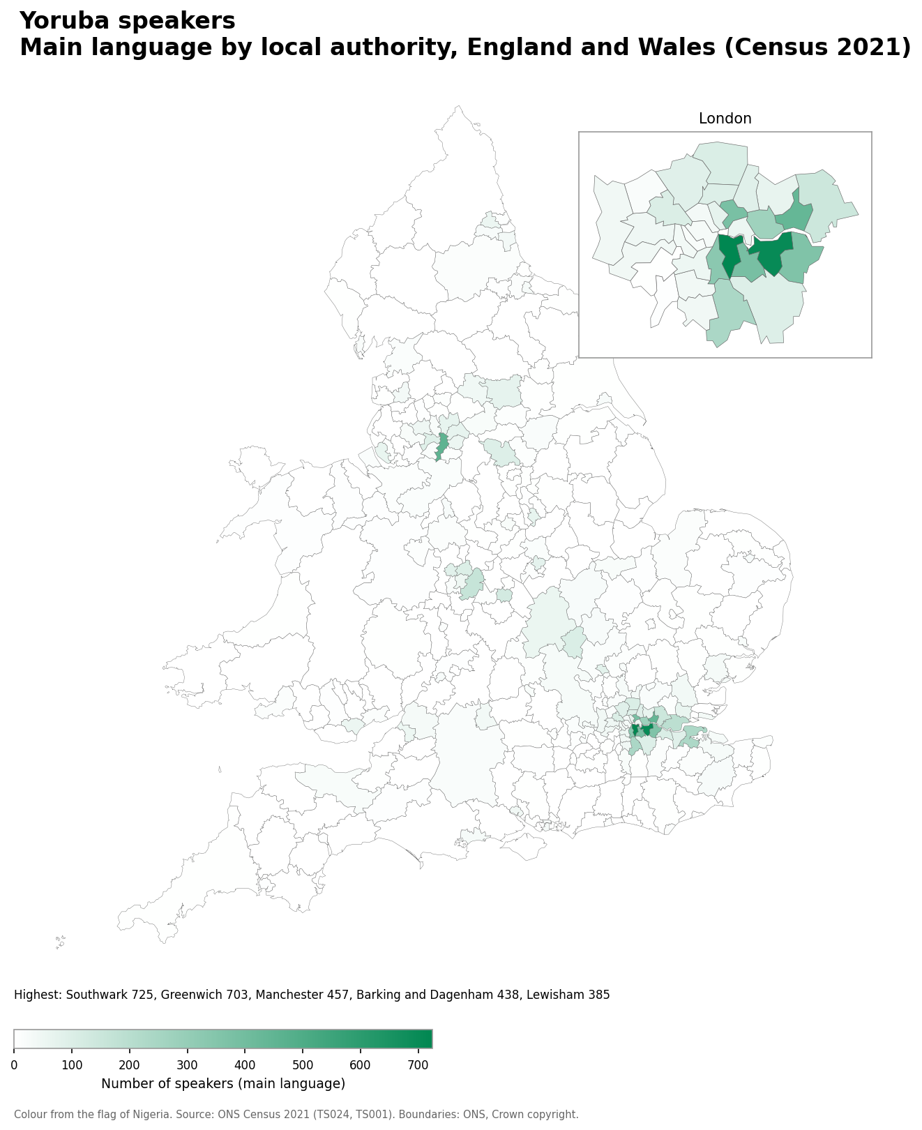 Map of the number of people with Yoruba as their main language by local authority in England and Wales, Census 2021